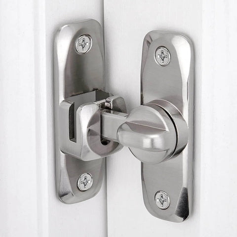 Two Pack Silvery 90 And 180 Degree Barn Door Lock Zinc Alloy Right Angle Door Latch installed on white door