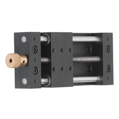 Manual Linear Stage Actuator Smooth Operator Aluminum Platform Zero To Seventy Five Millimeter Stroke Ten Kilogram Load Capacity For Mechanical Engineering And Automation Projects Built Tough Straight Up Precision, close-up view of handle and slider.