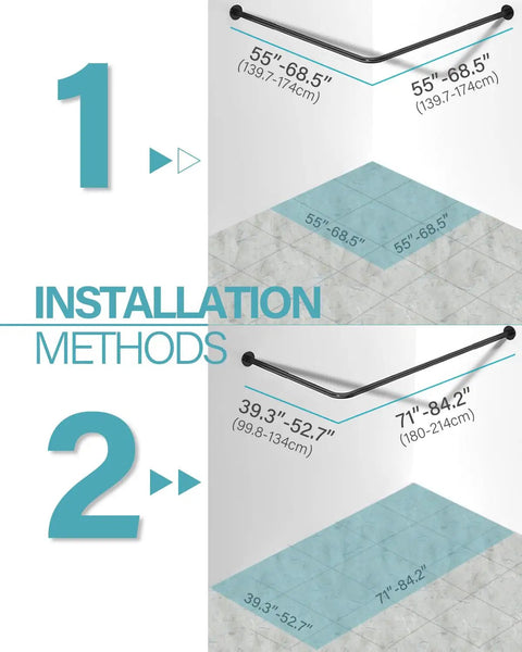 Big L Shaped Corner Shower Curtain Rod With Adjustable 90 Degree Curve, Beefy 0.8mm Thick Tube, 12 Hooks And Ceiling Support, Easy Install, Two Size Options For Flexible Fit. Installation method 1 shown, matte black corner rod, 55-68.5 in sizes.