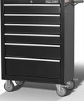 Heavy Duty Black Six Drawer Rolling Tool Chest With Locked Swivel Casters And Smooth Glide Moving Parts front view with casters