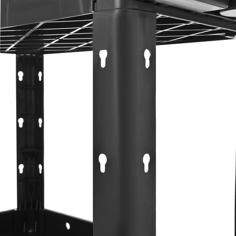 Heavy Duty Two Tier Rolling Utility Cart Built Like A Tank With Super Smooth Locking Casters Ergonomic Handle Supports Six Hundred Pounds close-up of sturdy metal frame and keyholes for assembly.