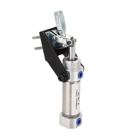 Heavy Duty Pneumatic Hold Down Clamp For Woodworking And Shop Gear Rock Solid Air Powered Clamping Fixture with metal body and lever.