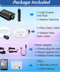 Package contents of Lit Starry Sky Fiber Optic Lights Kit 16W for car and home decor with remote, app, and accessories listed.