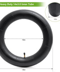 Heavy Duty 14x3 Inner Tube For 14 Inch E Bikes Scooters Mopeds Choppers And Folding Bikes With Bent CR202 Valve Stem Built Tough Forty Percent Thickened For Extra Durability Wide Fit On 14x3 Tires 1 Piece, black butyl rubber tube shown with 10in rim and 3.0in width