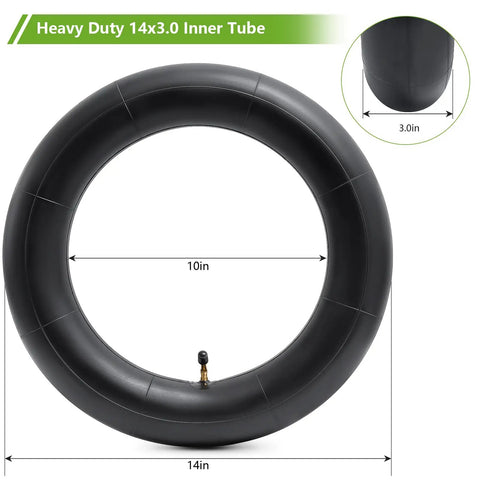 Heavy Duty 14x3 Inner Tube For 14 Inch E Bikes Scooters Mopeds Choppers And Folding Bikes With Bent CR202 Valve Stem Built Tough Forty Percent Thickened For Extra Durability Wide Fit On 14x3 Tires 1 Piece, black butyl rubber tube shown with 10in rim and 3.0in width