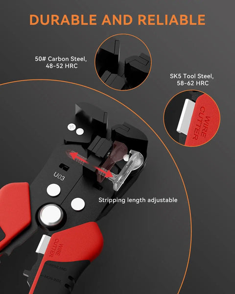 Close-up of self adjusting wire stripper 3 in 1 automatic tool showing carbon steel blades and adjustable stripping length