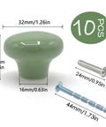 Green ceramic cabinet knob 32mm round with screws, 10 pack for kitchen cabinets, wardrobes, kids rooms, bedroom upgrades.