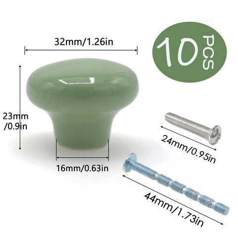 Green ceramic cabinet knob 32mm round with screws, 10 pack for kitchen cabinets, wardrobes, kids rooms, bedroom upgrades.
