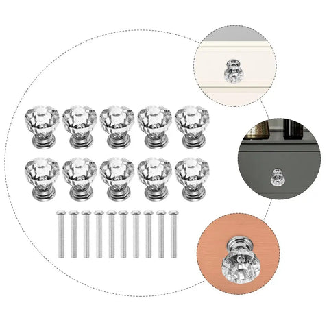 Crystal Acrylic Cabinet Knobs With Silver Base, 10 Pack Modern Drawer Pulls for home decor with installation screws, different angles