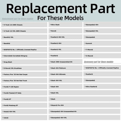 Chart listing RC car models compatible with replacement parts, including Traxxas and Slash series, for Traxxas models upgrade.