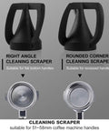 Kick Your Espresso Game Up With This Electric Portafilter Cleaner That Ejects Used Grounds, Includes Built In Knock Box, Dual Scrapers, And Extra Brush Head For Quick, Hassle Free Cafe Cleanup. Right and rounded corner cleaning scrapers for 51-58mm portafilter handles.