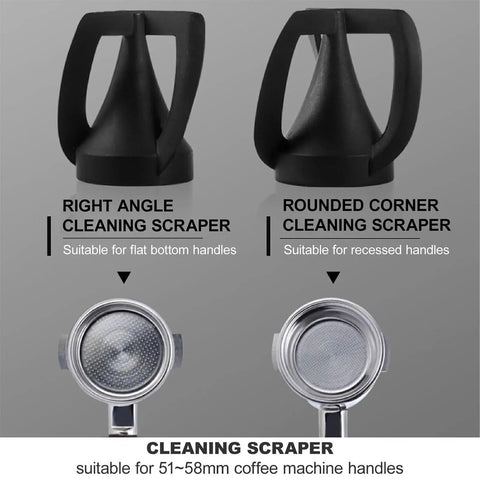 Kick Your Espresso Game Up With This Electric Portafilter Cleaner That Ejects Used Grounds, Includes Built In Knock Box, Dual Scrapers, And Extra Brush Head For Quick, Hassle Free Cafe Cleanup. Right and rounded corner cleaning scrapers for 51-58mm portafilter handles.
