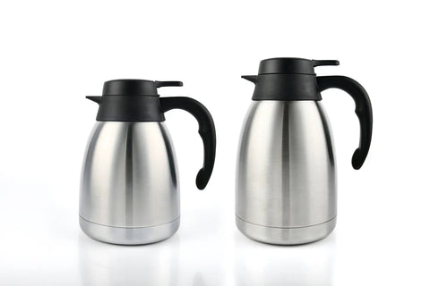 Two stainless steel triple layer vacuum insulated carafe dispensers, black handles, 1 liter capacity, thermal server for home or office use