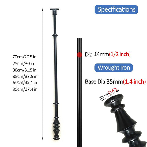 Built Tough Metal Round Baluster Railing Post For Stairway Banisters And Deck Fences With No Sweat Ground Mount Setup For Straight Lines Or Tight Spiral Angles, 70cm black wrought iron post with specifications.