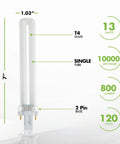 Diagram of Pack Of 4 13W GX23 CFL Light Bulbs With 2 Pin Plug In Base 3500K Neutral White U Shaped Tubes, showing dimensions and features.