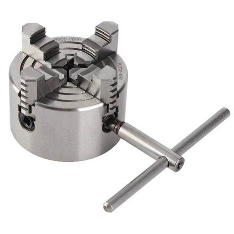 Heavy Duty 4 Jaw Independent Lathe Chuck With 3 Inch Reversible Jaws Manual Machine Shop Workhorse viewed from the top showing jaws and handle.