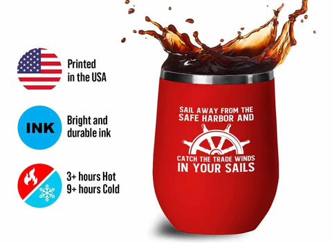 Red Edition 12Oz Wine Tumbler Insulated Stainless Steel For Sailors Ocean Lovers And Nautical Fans Funny Shipman Captain Navigator Gift For Fisherman And Beachside Party Goers with spilling liquid