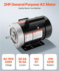 2HP general purpose AC motor with 115V/230V dual voltage, features include 20.5A/10.5A current and reversible rotation.