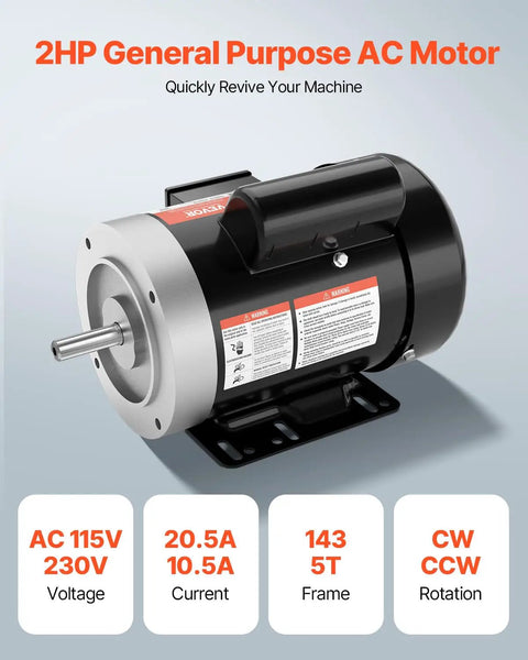2HP general purpose AC motor with 115V/230V dual voltage, features include 20.5A/10.5A current and reversible rotation.