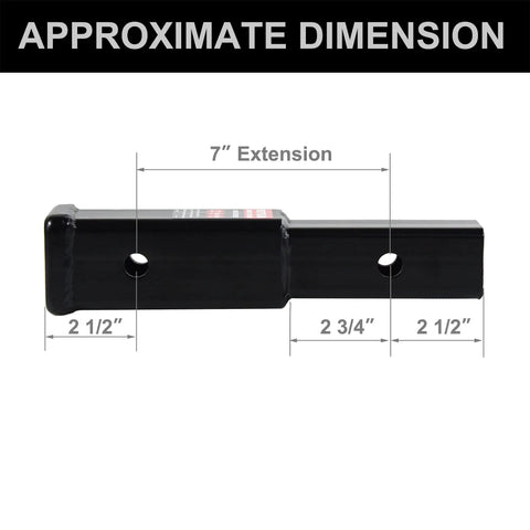 7 Inch Trailer Hitch Extender For 2 Inch Receivers Adds Extra Space Between Bumper And Bike Rack Or Cargo Carrier, 3,500 Lbs GTW Capacity, Includes Pin And Clip For Quick Setup, showing approximate 7-inch extension dimensions