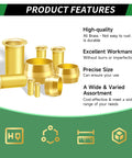 Illustration of brass fittings with text highlighting quality, workmanship, size, and variety of Brass Compression Sleeve Kit With 460 Pieces.