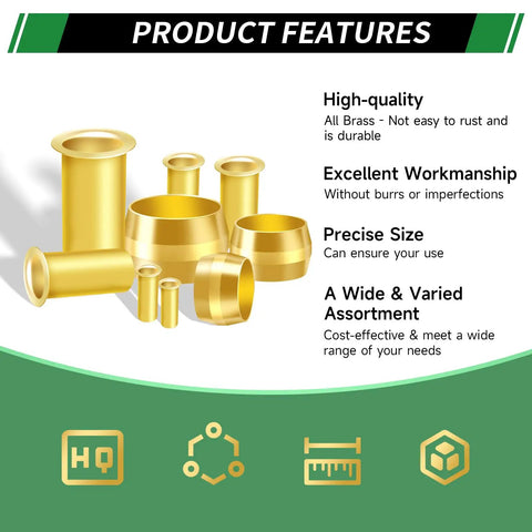 Illustration of brass fittings with text highlighting quality, workmanship, size, and variety of Brass Compression Sleeve Kit With 460 Pieces.