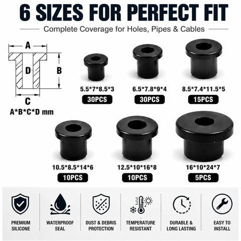 Six Size Silicone Grommet Kit With 100 Pcs T Type Grommets For Automotive Firewall Wiring And Cable And Pipe Holes Waterproof And Heat Resistant Hole Plugs For Electrical Irrigation Plumbing And More Storage Case Included. Six silicone grommets sizes shown