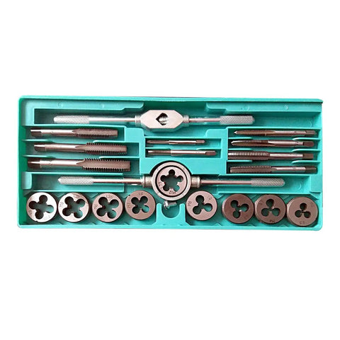 Fafeicy Alloy Steel Tap And Die Set With Adjustable Wrench 12 Or 20 Piece Thread Repair Kit For Auto Repair And Machinery Threads Fixing Damaged Nuts Bolts To Restore Original Condition., alloy steel tap and die set in green case, M6-M8 metric threads