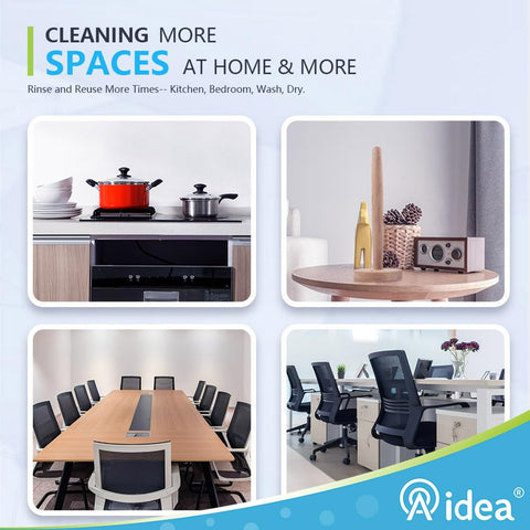 Collage showing kitchen, living room, conference room, and office environments for Ultra Absorbent Reusable Cleaning Wipes 40 Count 12x24 Inch Multi Purpose Towels For Kitchen And Home Cleaning Wallet Friendly Dish Cloths That You Can Rinse And Reuse Up To 25 Times Durable And Tough.