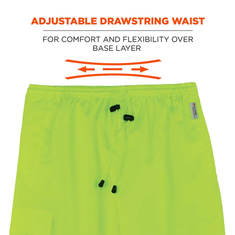 Hi Vis Rain Pants With Dirt Hiding Black Panels 2 Inch 3M Scotchlite Reflective ANSI ISEA 107 2020 Compliant Waterproof 300D Oxford Shell With Breathable PU Coating For Rugged Wet Weather Workwear showing adjustable drawstring waist