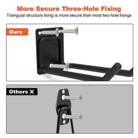 Comparison of three-hole and two-hole fixing on Heavy Duty Wall Mounted Garage Storage System With A 48 Inch Adjustable Rack And Snap On Hooks.