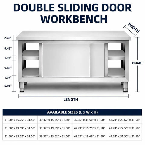 Gutsy No Nonsense Stainless Steel Workbench With Double Sliding Doors Heavy Duty Prep Table dimensions and design features