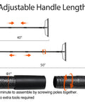 Diagram showing adjustable handle from 40 to 50 inches on Heavy Duty Metal Garden Rake With 17 Prongs, 17 Inch Wide And 50 Inch Long Handle