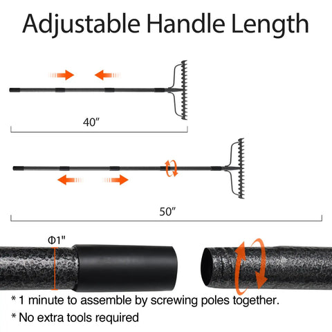 Diagram showing adjustable handle from 40 to 50 inches on Heavy Duty Metal Garden Rake With 17 Prongs, 17 Inch Wide And 50 Inch Long Handle