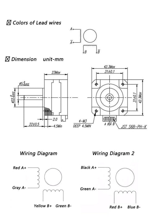 Iverntech 42 NEMA 17 stepper motor schematic with 4-lead wiring, 1 m cable, 1.8° step, 2‑phase, mounting dimensions