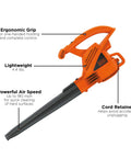 Powerful Corded Electric Leaf Blower For Quick Yard Cleanup, Handheld And Lightweight, with labeled parts and features.