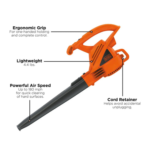 Powerful Corded Electric Leaf Blower For Quick Yard Cleanup, Handheld And Lightweight, with labeled parts and features.