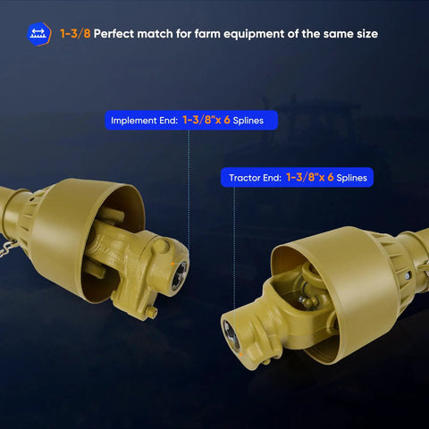 Beefed Up Pto Shaft Spanning 27.5 To 40.55 Inches With 6x6 Spline Ends, showing 1-3/8 inch 6 splines for implement and tractor ends.