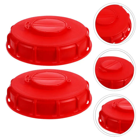 Red Abs Ibc Tank Lid Covers With Valve Caps Offer Sealed Protection For 275 Gallon Plastic Totes, two cap covers shown.