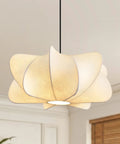 Pandaluna 15.75in Lantern Pendant Light, Wabi Sabi Faux Silk Hanging Lamp with a soft beige color and petal design.