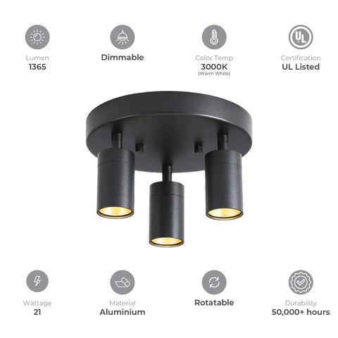 Shura Round 3-Light Integrated LED Ceiling Fixture With Rotatable Heads White Flush Mount 3000K 1365 Lumens Modern, Efficient, Sleek