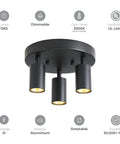 Shura Round 3-Light Black LED Ceiling Light With Rotatable Heads, Adjustable Flush Mount, 3000K Warm White, 1365 Lumens