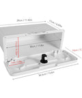 Pontoon boat storage glove box, white plastic with cup holders, open-lid view