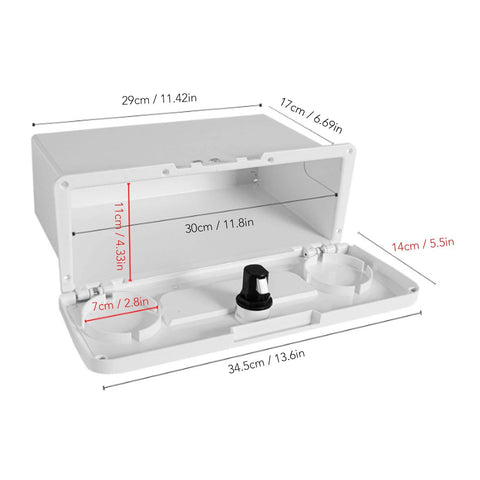 Pontoon boat storage glove box, white plastic with cup holders, open-lid view