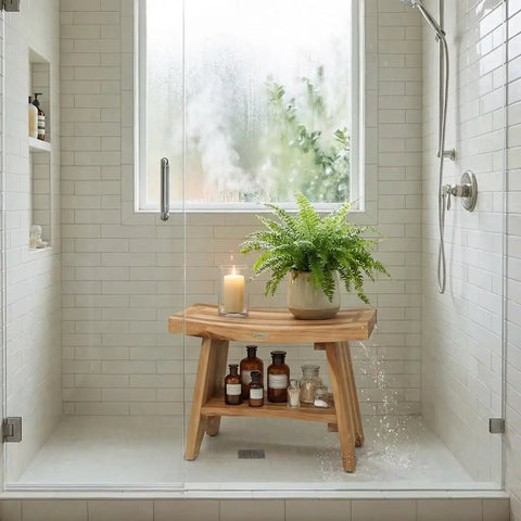 24 Inch Teak Shower Bench With Storage Shelf Waterproof Bathroom Seat For Adults And Seniors Spa Style Teak Wood Stool With Non Slip Feet Elegant Finish Supports Up To 300 Pounds placed in shower with plant and candle on top