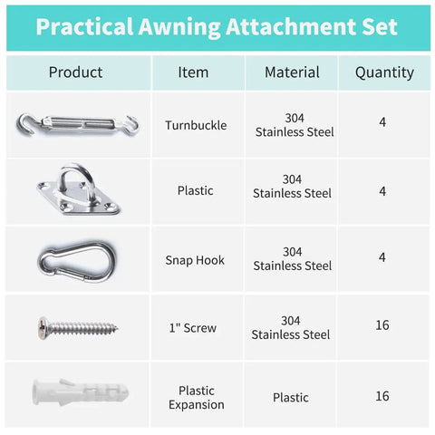 304 Stainless Steel Shade Sail Hardware Kit for Outdoor Use, Anti Rust Fixing Hardware Set for Square and Triangle Shade Sails, 12 Piece Kit Plus 16 Screws, Heavy Duty Fasteners for Weatherproof Canopies