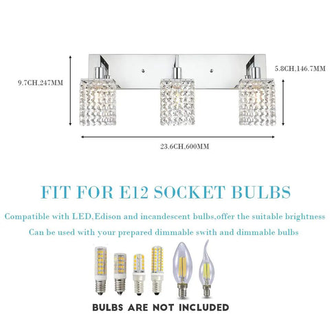 Three Light Crystal Vanity Light Fixture With Chrome Finish, Modern Crystal Wall Sconce Lighting, detailed dimensions shown