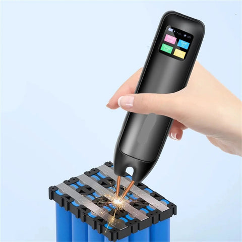 Portable Spot Welder With 99 Adjustable Weld Speeds And 1.3 Inch Color Screen in use on nickel sheet