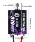 370 brushed motor close-up, dimensions labeled, for Beefed Up CNC Aluminum Transmission Upgrade For 1 18 RC Crawlers With 370 Brushed Motor And 24 To 1 Gear Set 45T Gear MB100 ESC Ready High Torque Neodymium Magnets TRX4M Compatible Heavy Duty All In One Unit