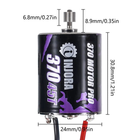 370 brushed motor close-up, dimensions labeled, for Beefed Up CNC Aluminum Transmission Upgrade For 1 18 RC Crawlers With 370 Brushed Motor And 24 To 1 Gear Set 45T Gear MB100 ESC Ready High Torque Neodymium Magnets TRX4M Compatible Heavy Duty All In One Unit